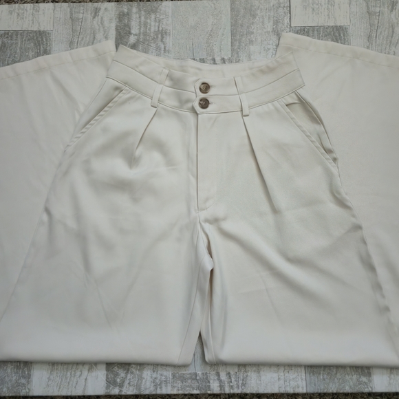 Cider High-Waisted Pleated Trousers XS Beige Cream Wide Leg Work Pants - Picture 1 of 8
